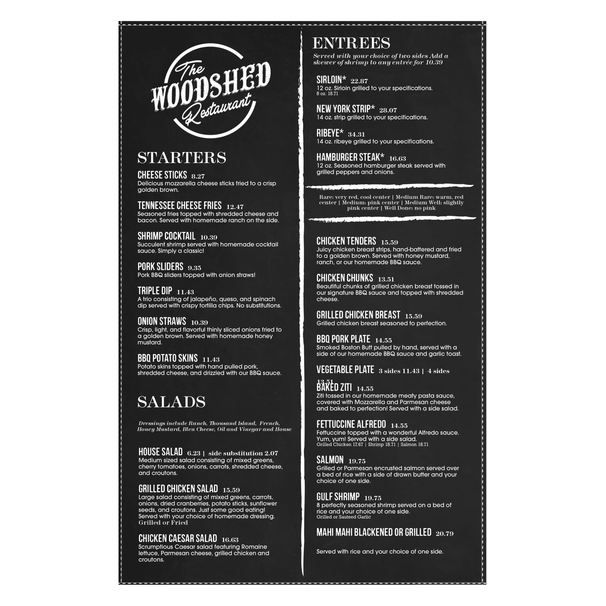 The Woodshed menu page one